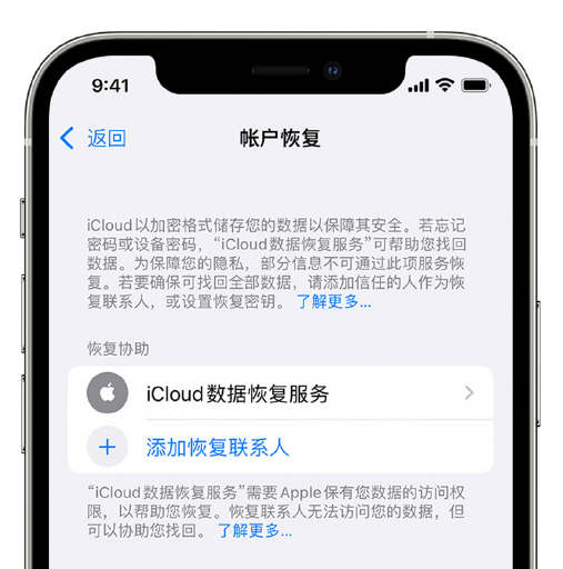 项城苹果手机维修分享在 iPhone 上设置帐户恢复联系人的方法 